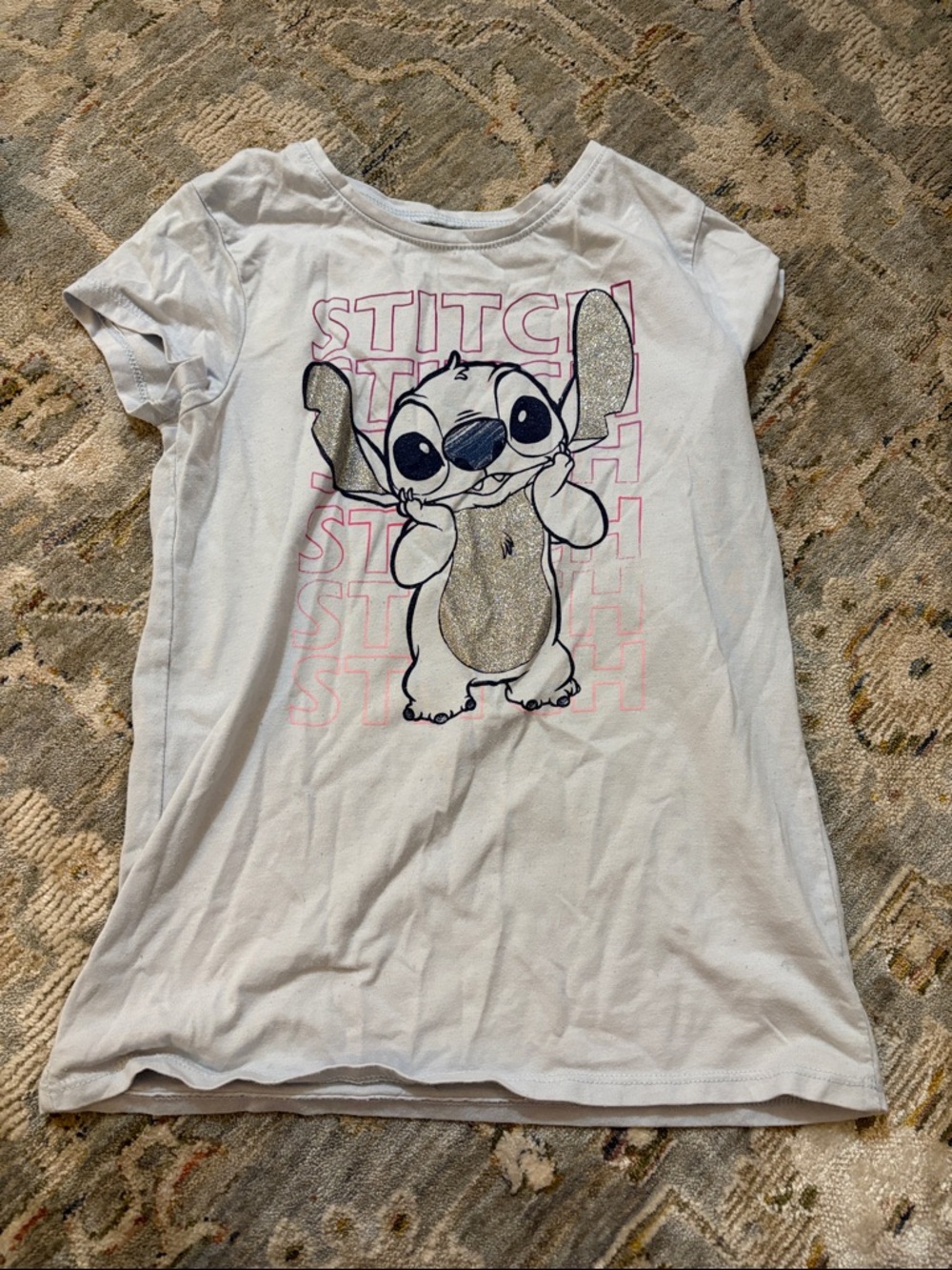 Disney White Girls Stitch Glitter Graphic Tee